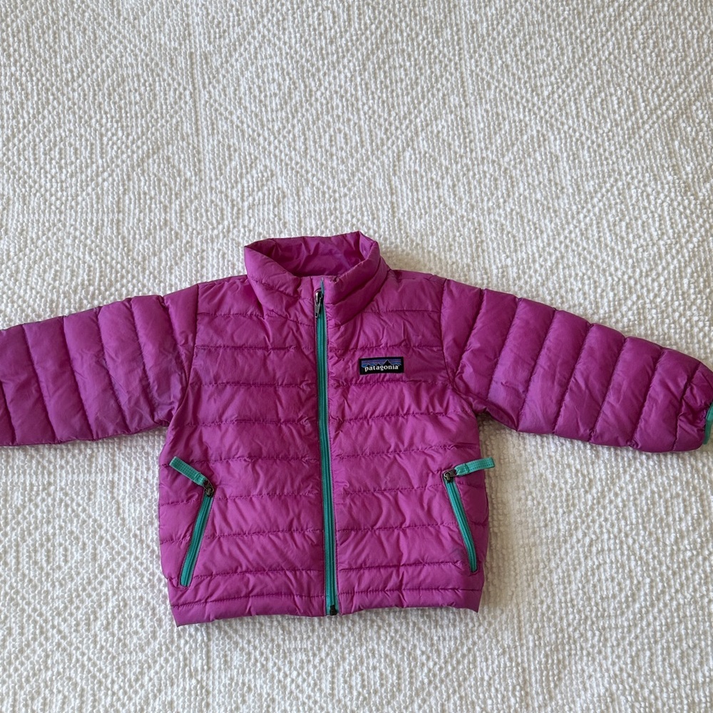 Patagonia 12-18 months orchid purple  Puffer Jacket with teal Accents